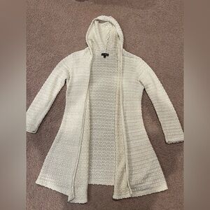QUESTIONS Long Crochet Ribbed Knit Hooded Cardigan